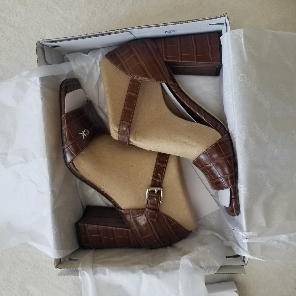 Calvin Klein High Heeled Dress Sandals, Size 8M, Dark Natural